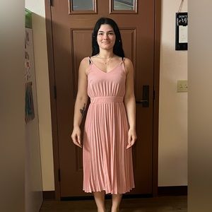 Pink, pleated midi dress, strapless